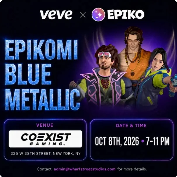 The event poster: Epikomi Blue Metallic, VeVe x Epiko, at Coexist Gaming, 325 W 38th Street, New York, on 8 October 2026 from 7 to 11 pm.